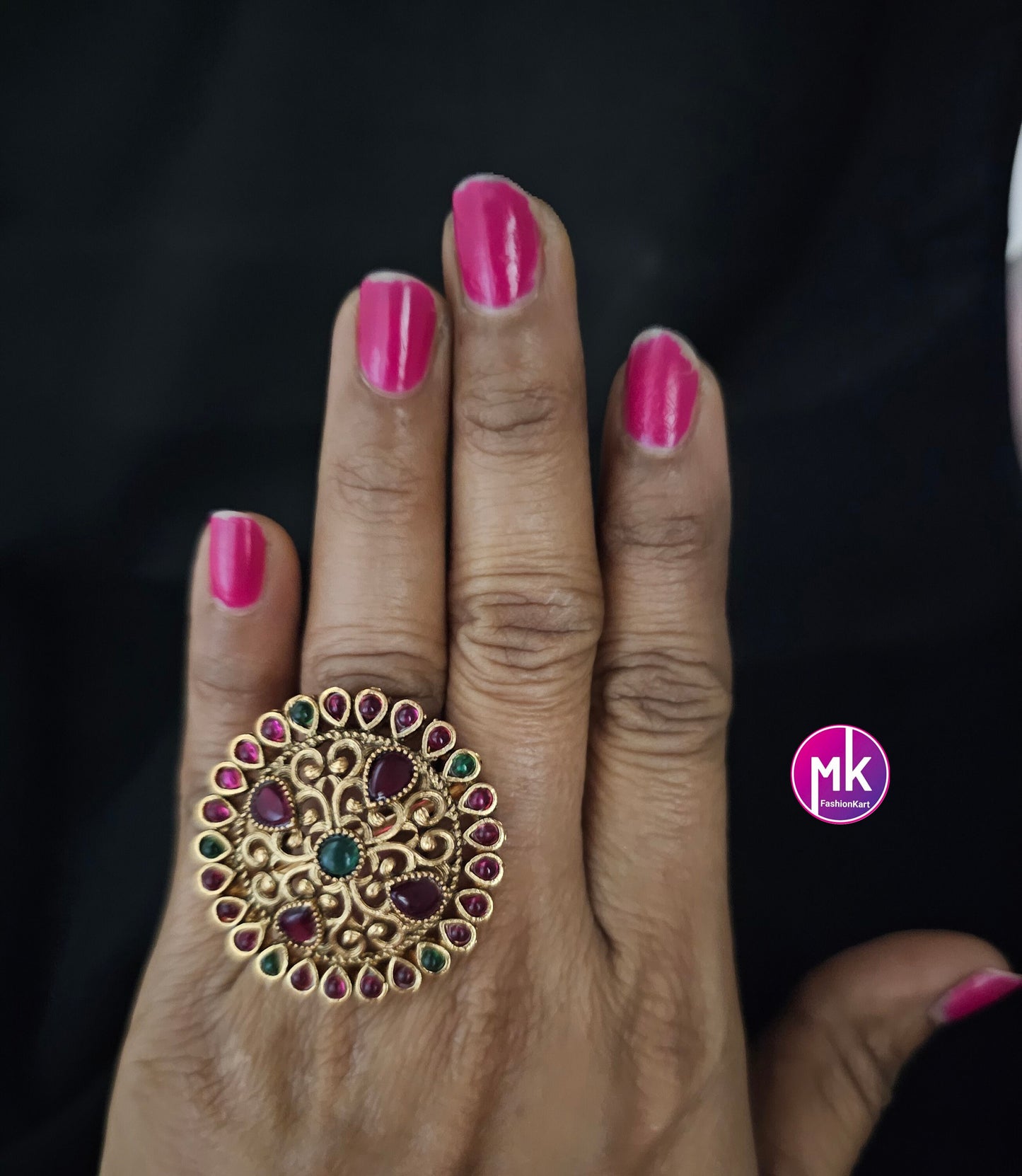 Lakshmi Premium Quality Gold finish Kemp stone Finger Ring (Adjustable)/Bollywood Ring -  MK Fashionkart - Indian Fashion Jewelry