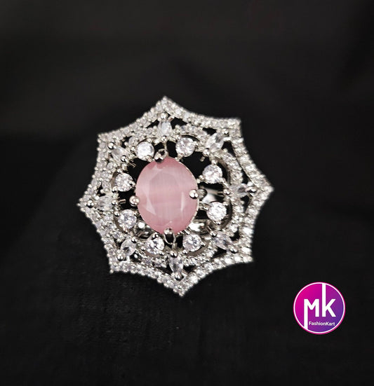 Silver Finish premium quality AD stones baby pink Finger Ring (Adjustable)/Bollywood Ring -  MK Fashionkart