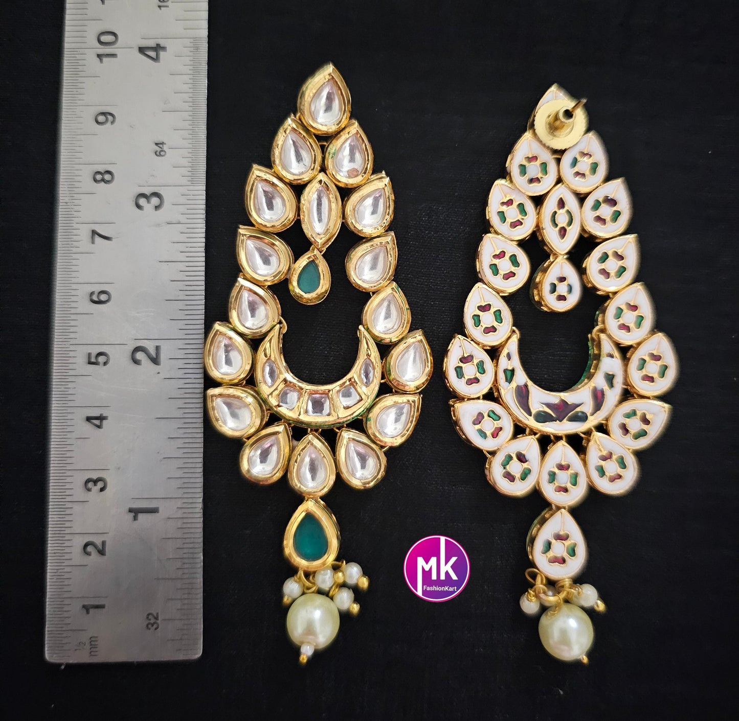 Bollywood Jaipur Kundan Polki with back Meenakari work Gold plated Earrings - Wedding Earrings - Gold stone Earrings / Dangle Earrings