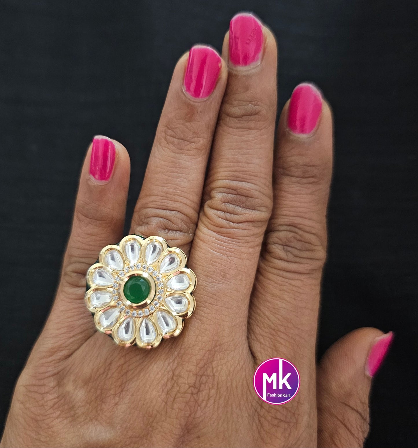 Bollywood Jaipur Kundan Polki Stone with Emerald Stone Finger Ring (Adjustable)/-  MK Fashionkart