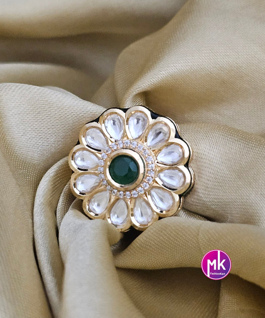 Bollywood Jaipur Kundan Polki Stone with Emerald Stone Finger Ring (Adjustable)/-  MK Fashionkart