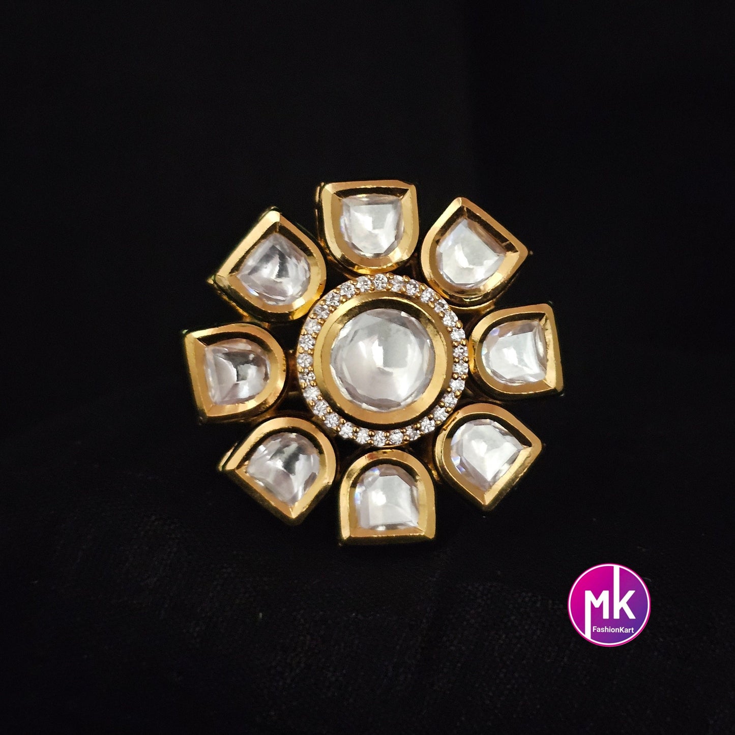 Bollywood Jaipur Kundan Polki Stone with Cubic Zirconia Stone Finger Ring (Adjustable)/-  MK Fashionkart