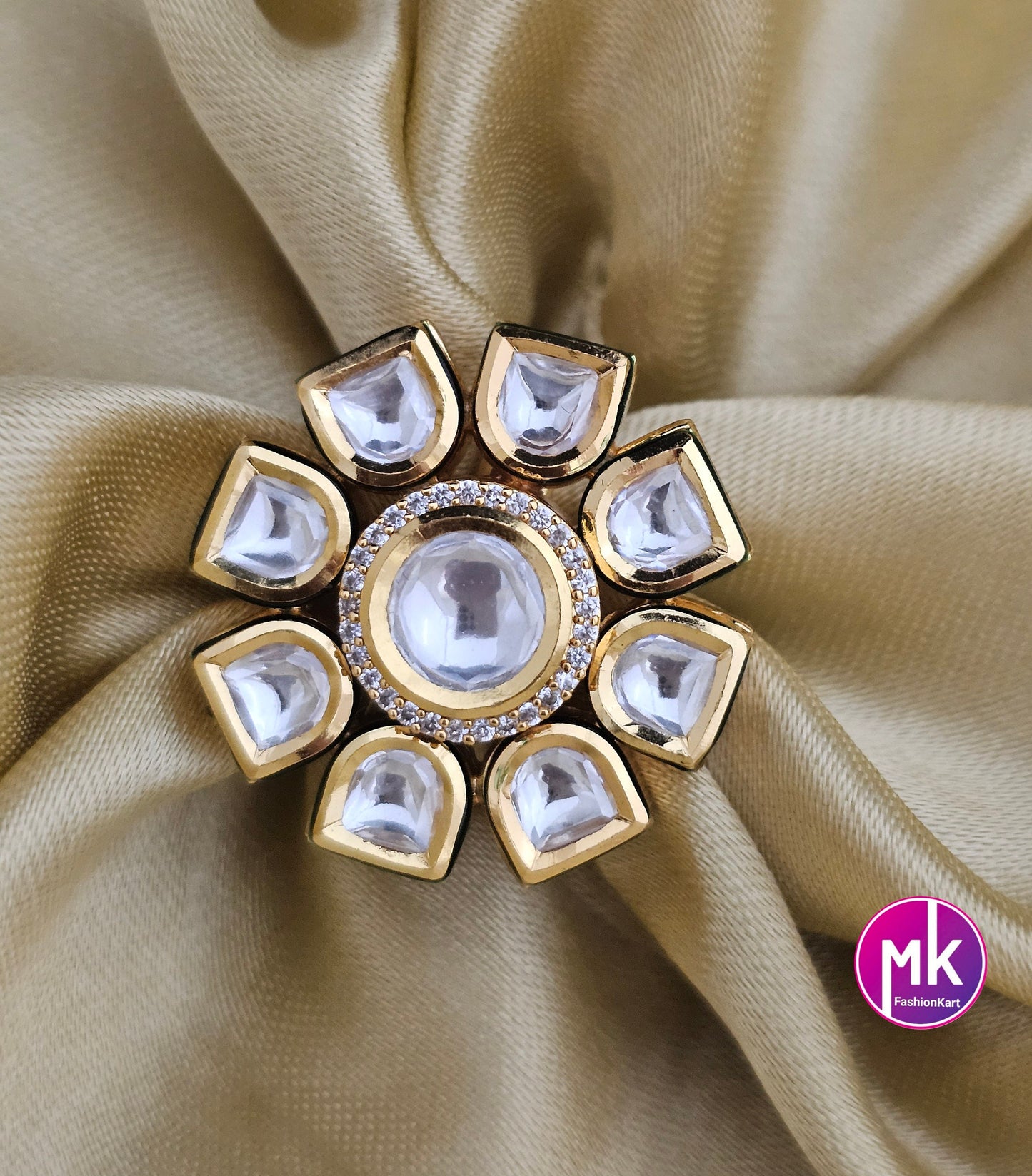 Bollywood Jaipur Kundan Polki Stone with Cubic Zirconia Stone Finger Ring (Adjustable)/-  MK Fashionkart