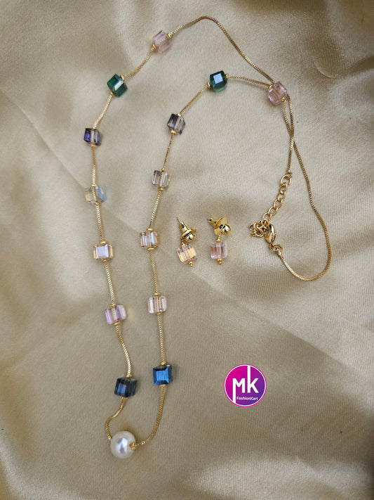 Western Style Square Multi-color Crystal long chain with cute Earrings - Adult cum Teen Chain - Fashion Jewelry - MK Fashionkart