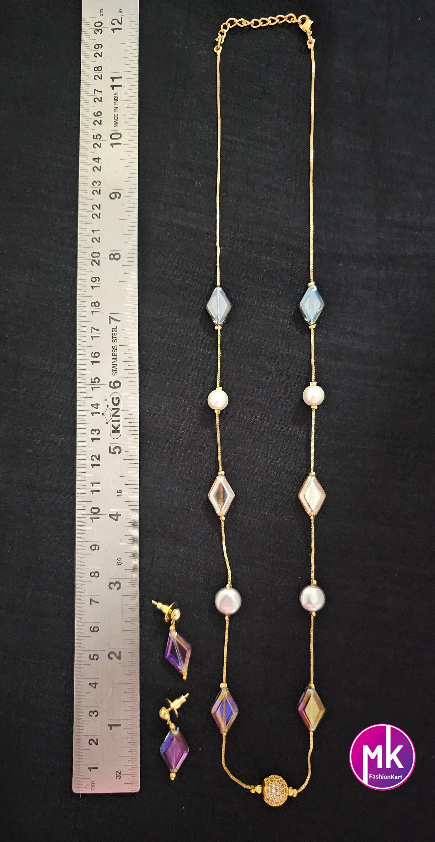 Western Style Multi-color Crystal and pearl long chain with cute Earrings - Adult cum Teen chain - Fashion Jewelry - MK Fashionkart