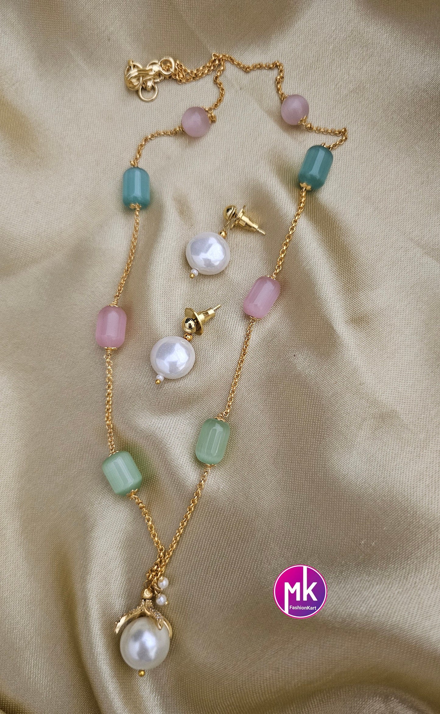 Western Style Monalisa bead and pearl long chain with cute pearl Earrings - Adult cum Teen Chain - Fashion Jewelry - MK Fashionkart