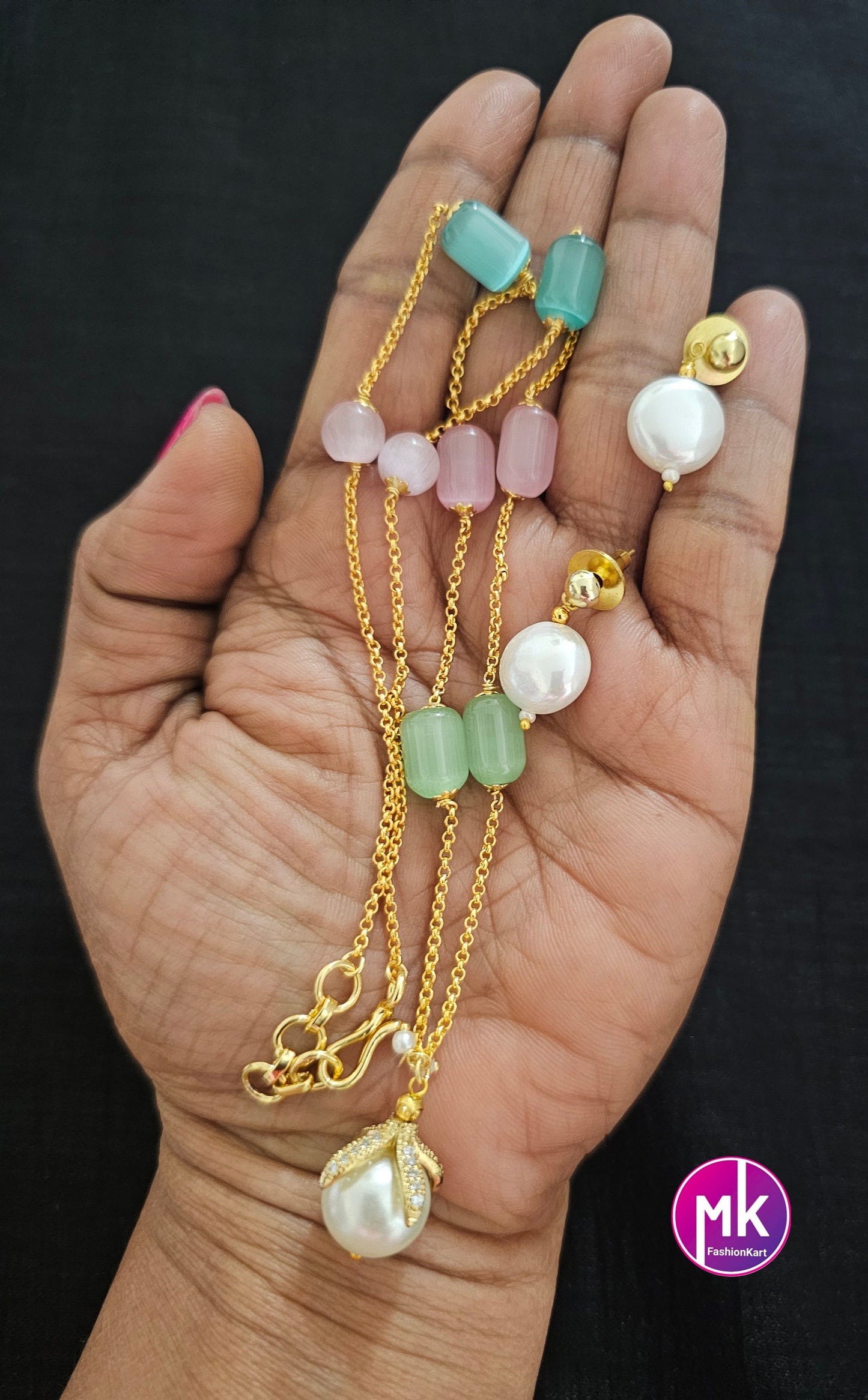 Western Style Monalisa bead and pearl long chain with cute pearl Earrings - Adult cum Teen Chain - Fashion Jewelry - MK Fashionkart