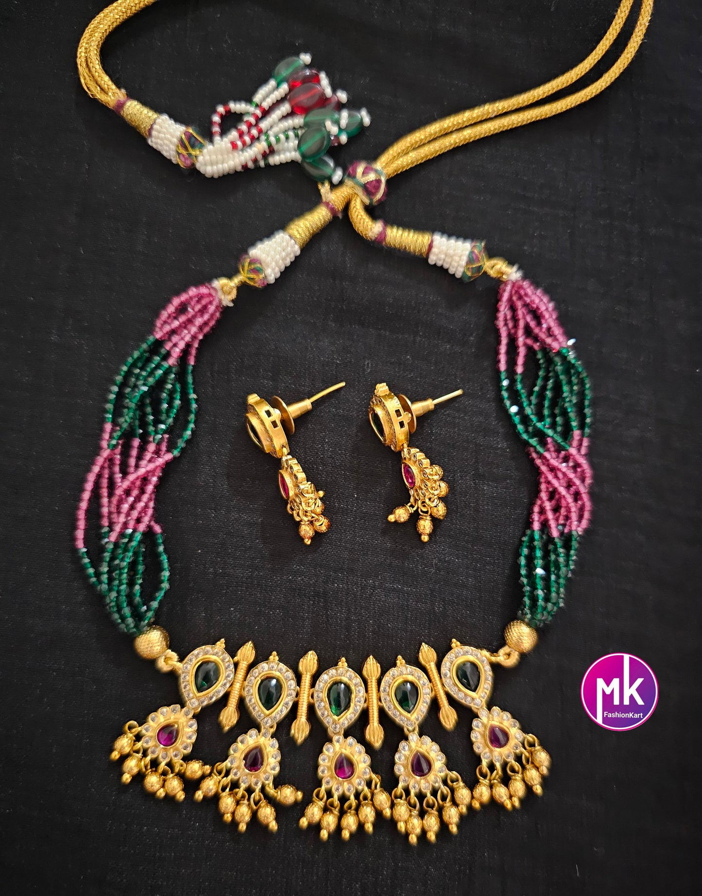 Kemp stone Choker with Multi-strand crystal chain - Choker cum Necklace - MK Fashionkart - Fashion Jewelry