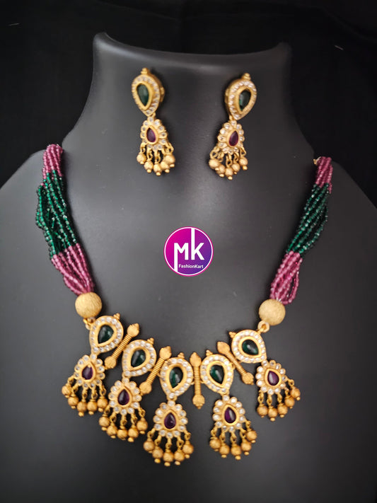Kemp stone Choker with Multi-strand crystal chain - Choker cum Necklace - MK Fashionkart - Fashion Jewelry