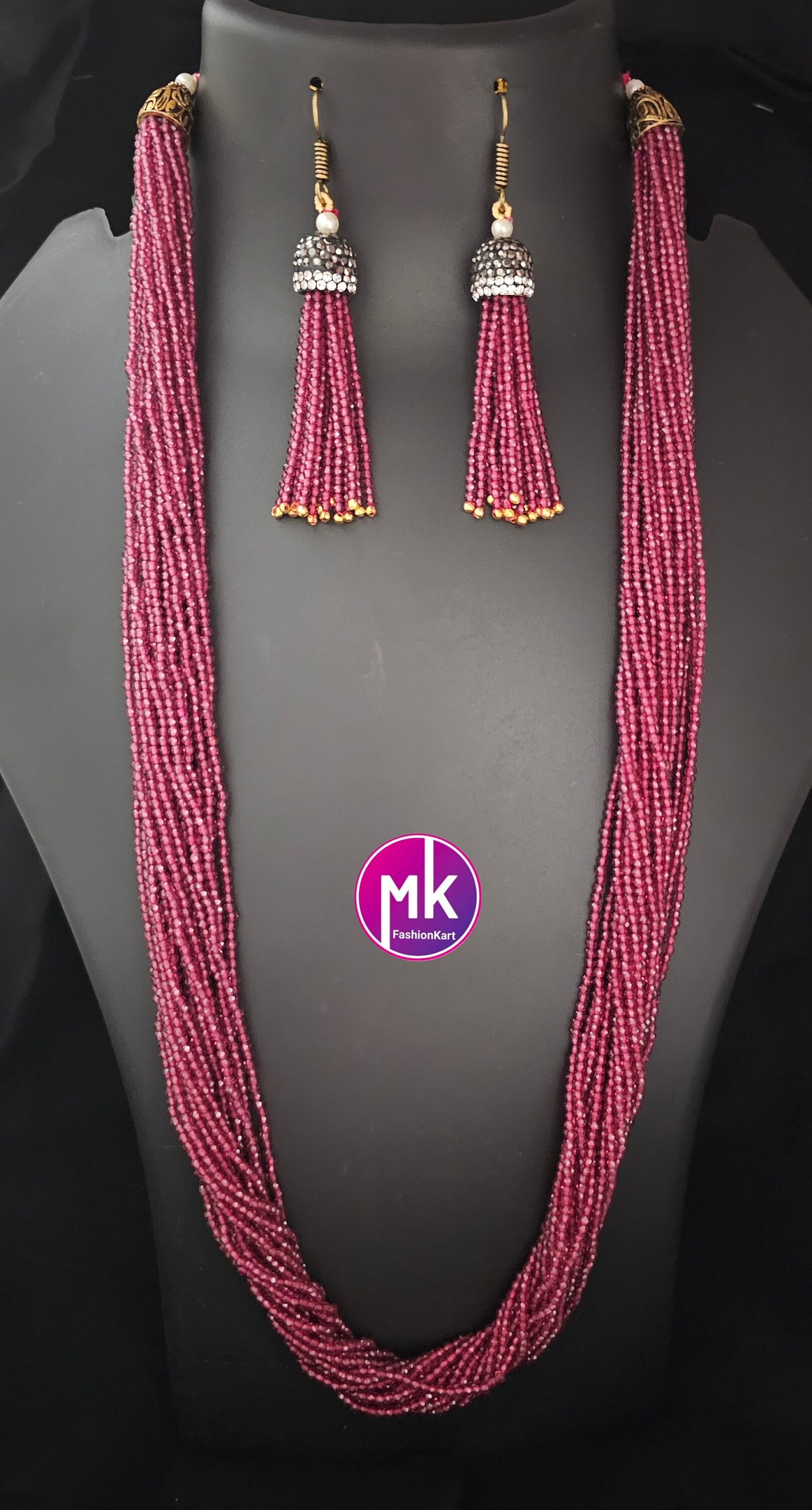 Multi-strand Crystal bead long chain with long Earrings - Long chain with Earrings - Fashion Jewelry - MK Fashionkart