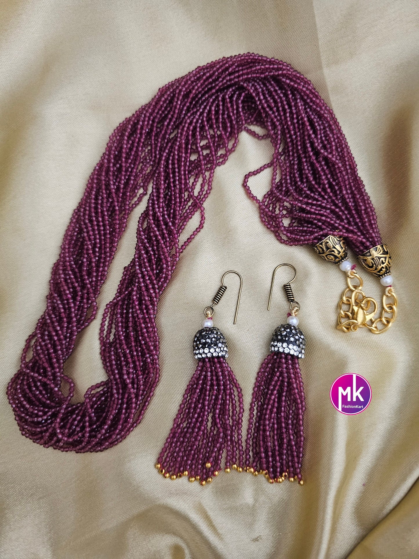 Multi-strand Crystal bead long chain with long Earrings - Long chain with Earrings - Fashion Jewelry - MK Fashionkart