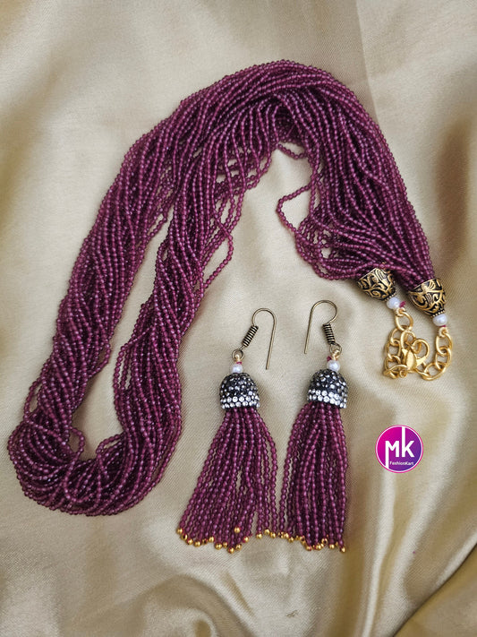 Multi-strand Crystal bead long chain with long Earrings - Long chain with Earrings - Fashion Jewelry - MK Fashionkart