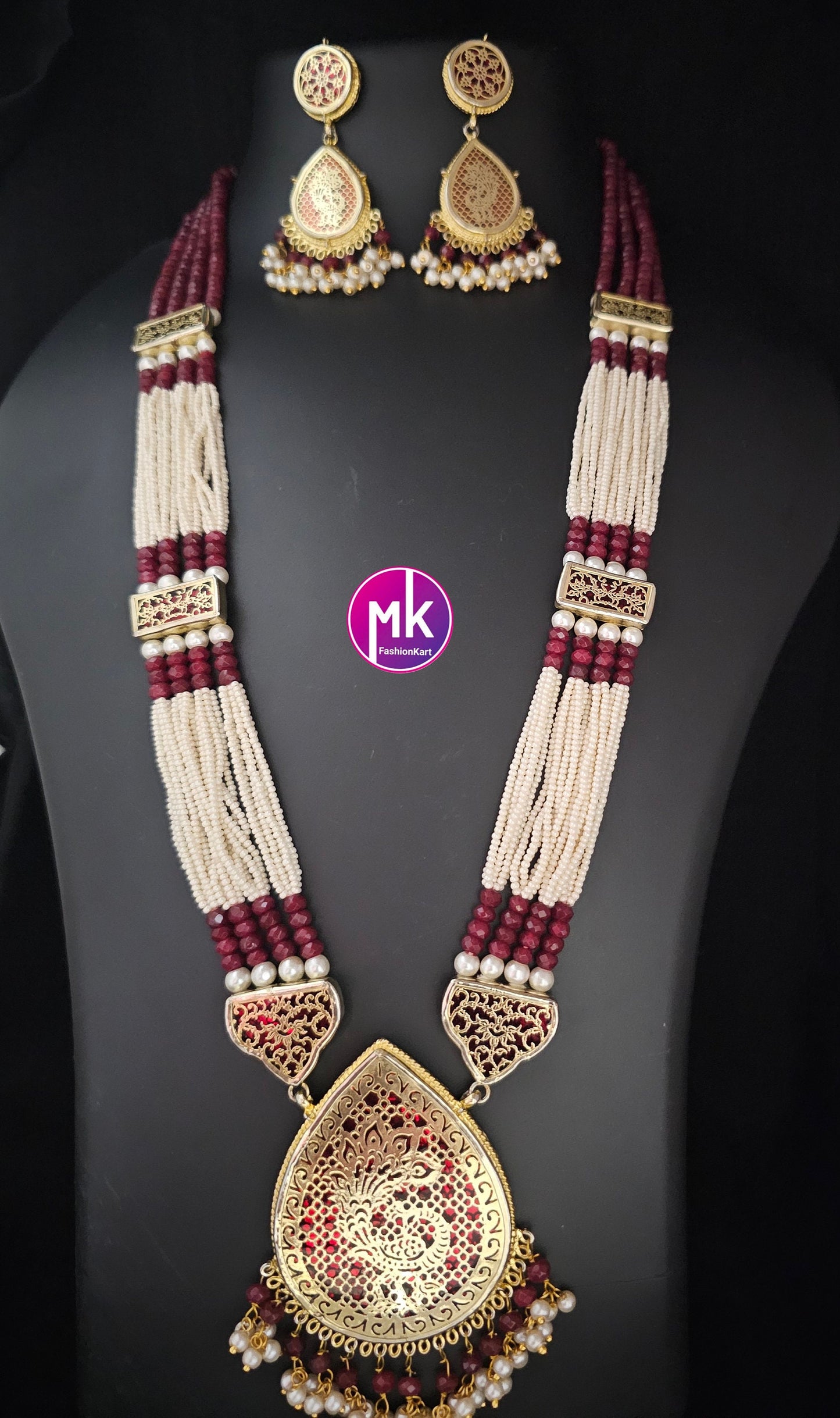 Thewa Art Rajasthani Traditional Pendent with piroyi pearl multi-strand Chain with Thewa Art Rajasthani Earrings - MK Fashionkart