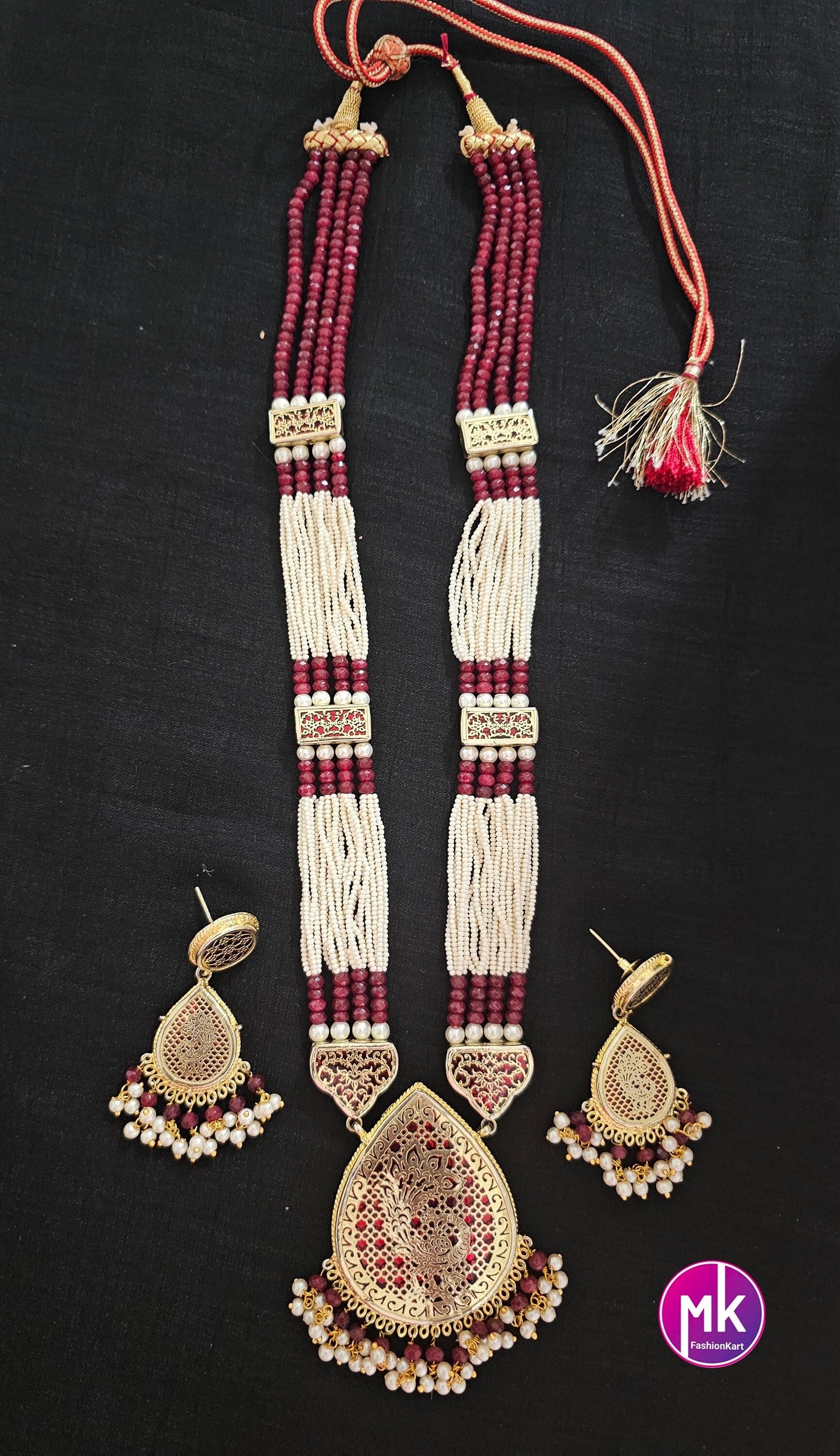 Thewa Art Rajasthani Traditional Pendent with piroyi pearl multi-strand Chain with Thewa Art Rajasthani Earrings - MK Fashionkart