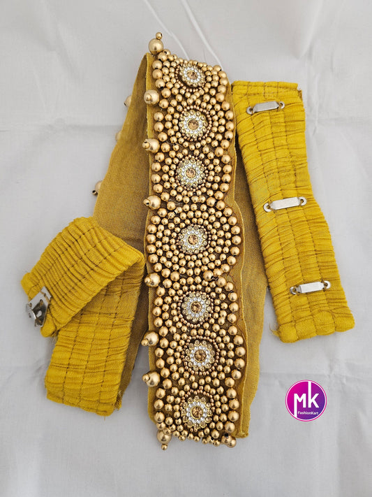 Golden Aari work and Stone work Hip Belt with hanging golden pearls with Elastic adjustable hooks - Saree Belt - waist belt Saree Lehenga