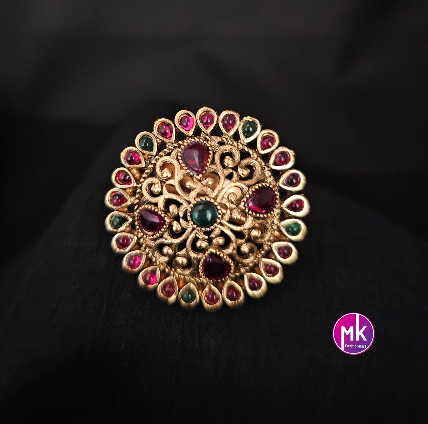 Lakshmi Premium Quality Gold finish Kemp stone Finger Ring (Adjustable)/Bollywood Ring -  MK Fashionkart - Indian Fashion Jewelry
