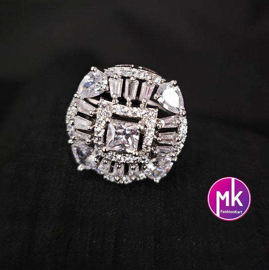 Silver Finish premium quality AD White stone Finger Ring (Adjustable)/Bollywood Ring -  MK Fashionkart