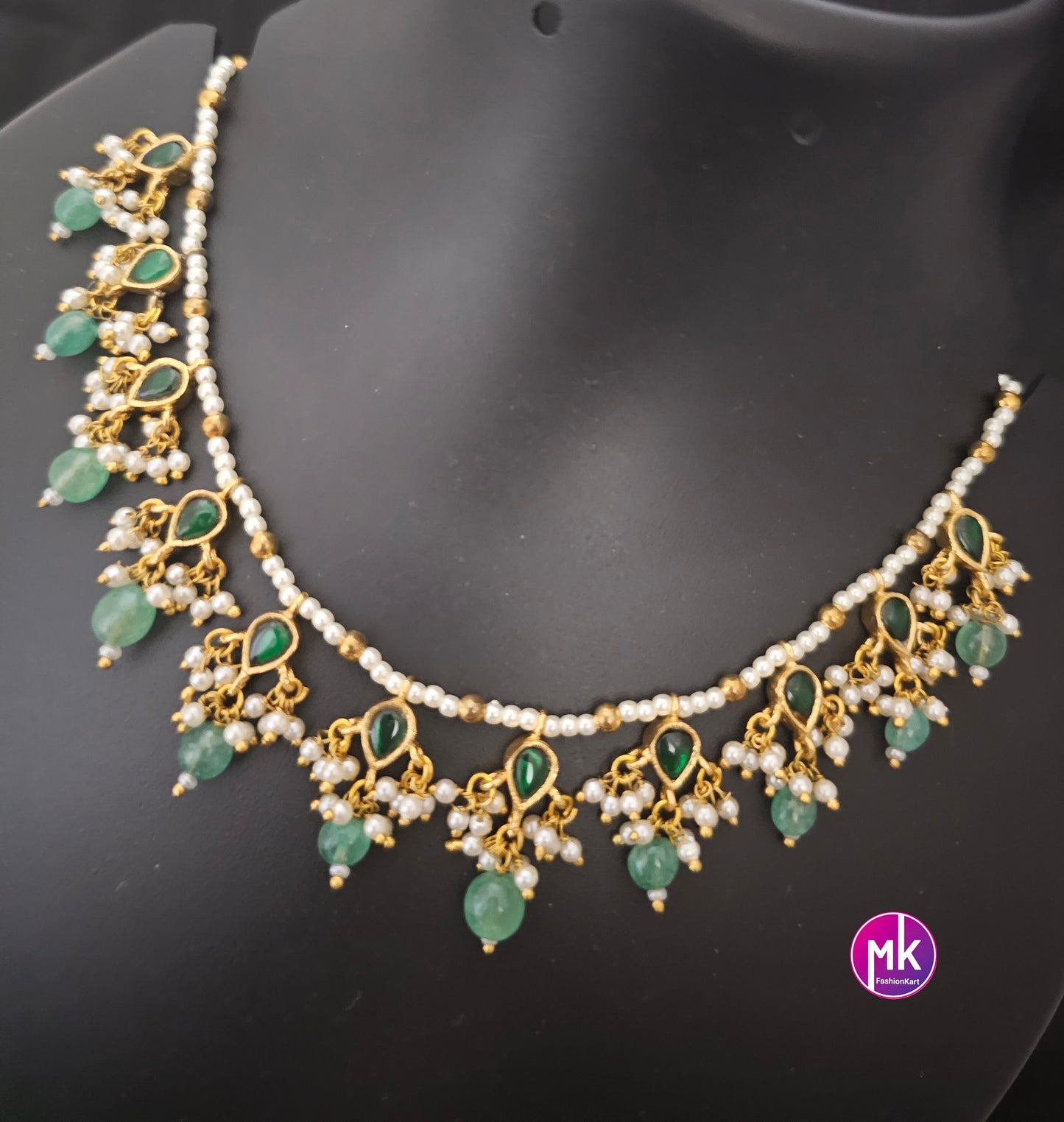 Emerald stone Gold finish piroyi pearls beautiful pastel green monalisa hanging bead Necklace - MK Fashionkart - Fashion Jewelry