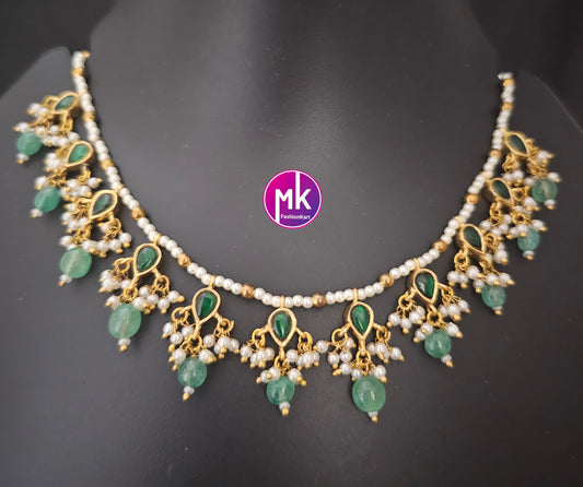 Emerald stone Gold finish piroyi pearls beautiful pastel green monalisa hanging bead Necklace - MK Fashionkart - Fashion Jewelry
