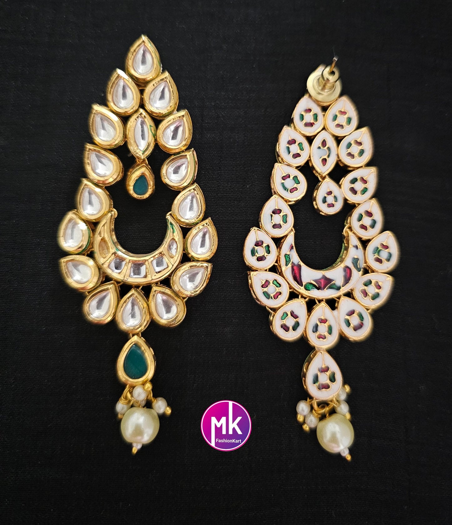Bollywood Jaipur Kundan Polki with back Meenakari work Gold plated Earrings - Wedding Earrings - Gold stone Earrings / Dangle Earrings