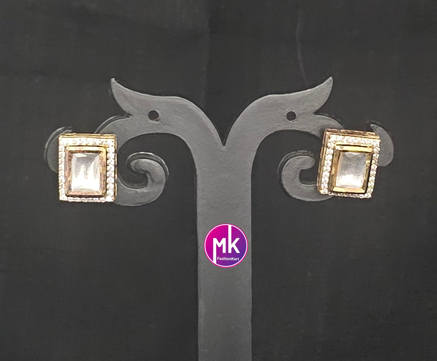 Bollywood Jaipur Kundan Polki with cubic Ziconia Gold plated Studs - Wedding Studs - Bridal Studs - Gold stone Studs - MK Fashionkart