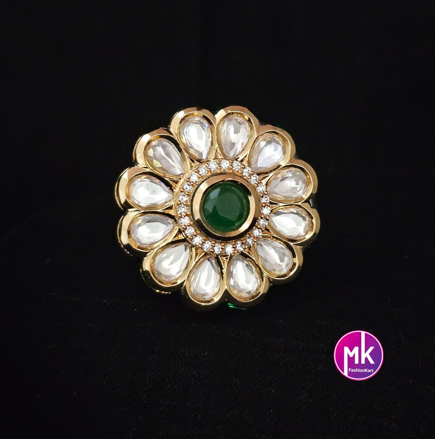 Bollywood Jaipur Kundan Polki Stone with Emerald Stone Finger Ring (Adjustable)/-  MK Fashionkart
