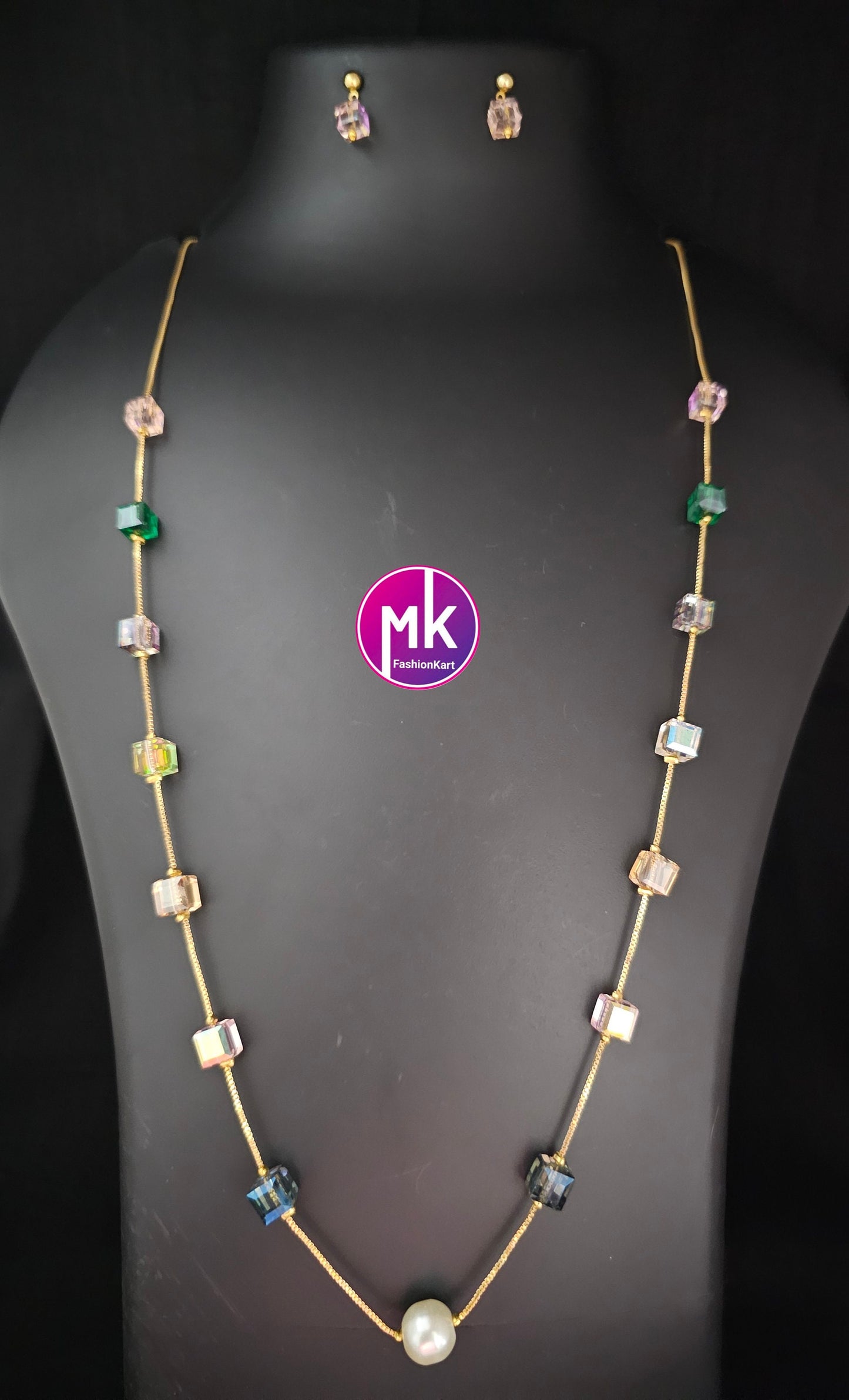 Western Style Square Multi-color Crystal long chain with cute Earrings - Adult cum Teen Chain - Fashion Jewelry - MK Fashionkart