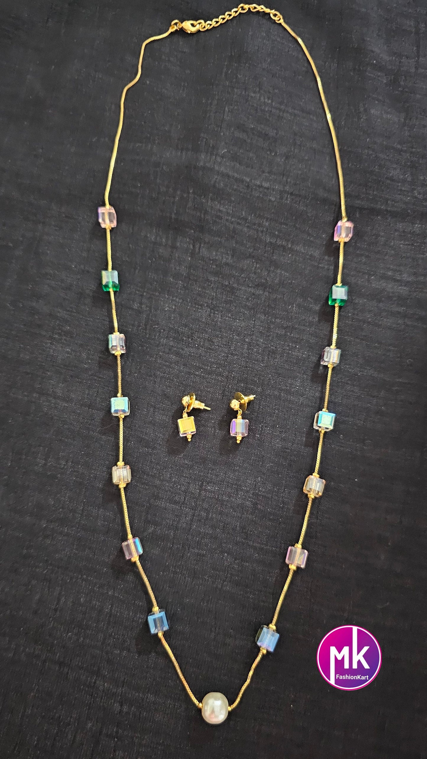 Western Style Square Multi-color Crystal long chain with cute Earrings - Adult cum Teen Chain - Fashion Jewelry - MK Fashionkart