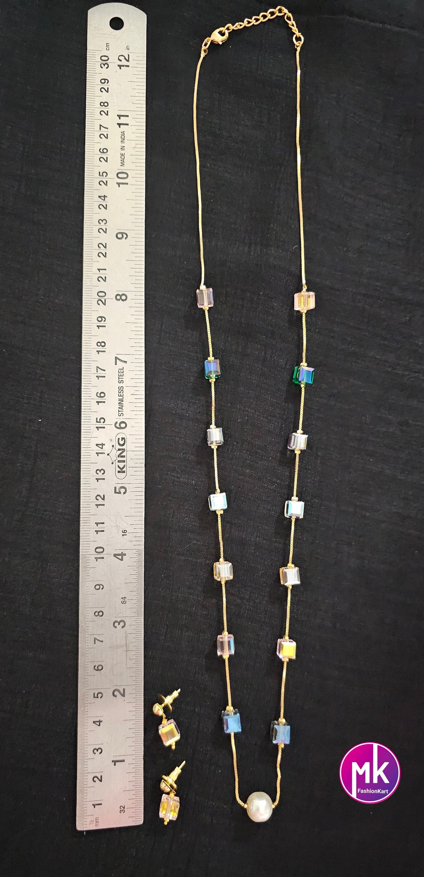 Western Style Square Multi-color Crystal long chain with cute Earrings - Adult cum Teen Chain - Fashion Jewelry - MK Fashionkart