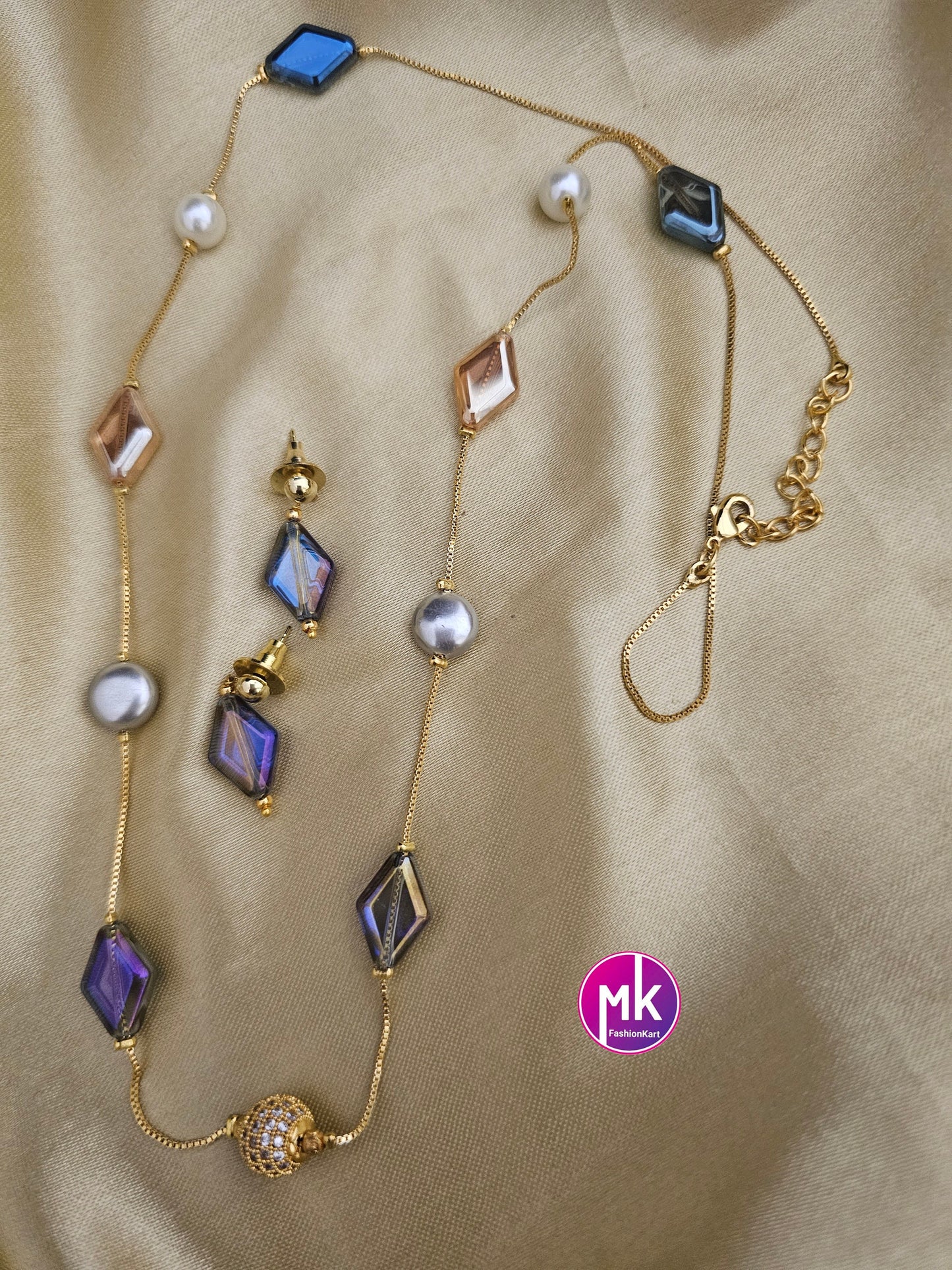 Western Style Multi-color Crystal and pearl long chain with cute Earrings - Adult cum Teen chain - Fashion Jewelry - MK Fashionkart
