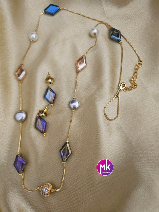 Western Style Multi-color Crystal and pearl long chain with cute Earrings - Adult cum Teen chain - Fashion Jewelry - MK Fashionkart