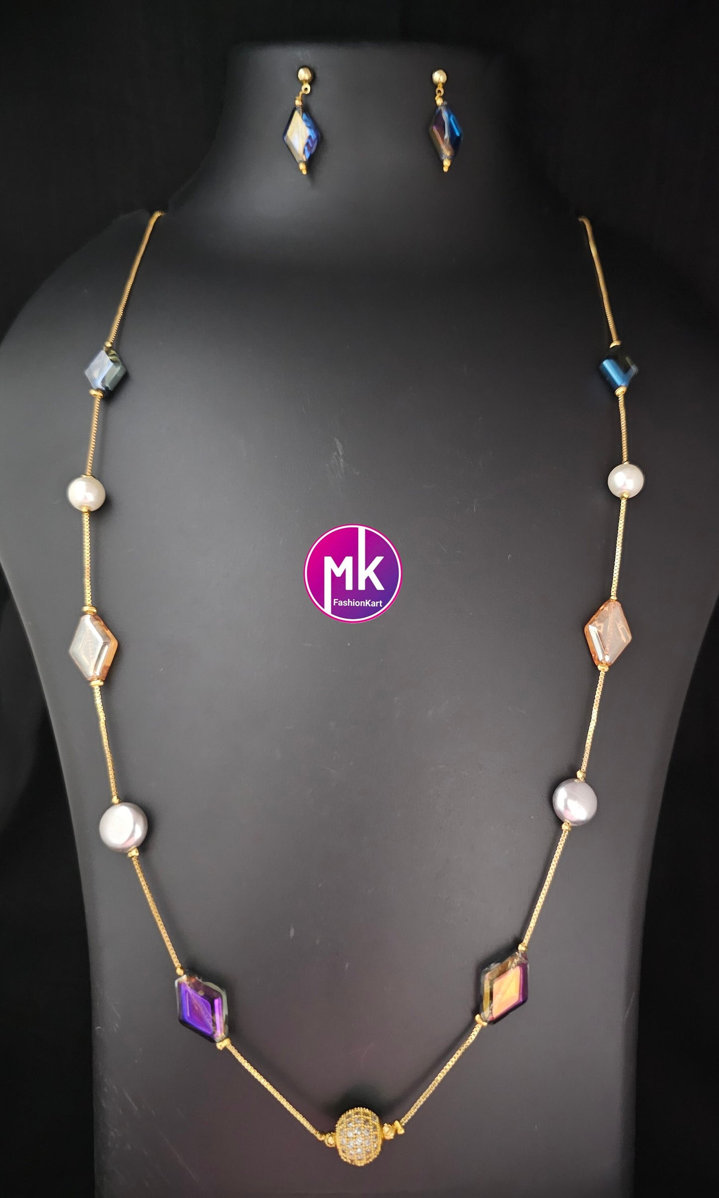 Western Style Multi-color Crystal and pearl long chain with cute Earrings - Adult cum Teen chain - Fashion Jewelry - MK Fashionkart