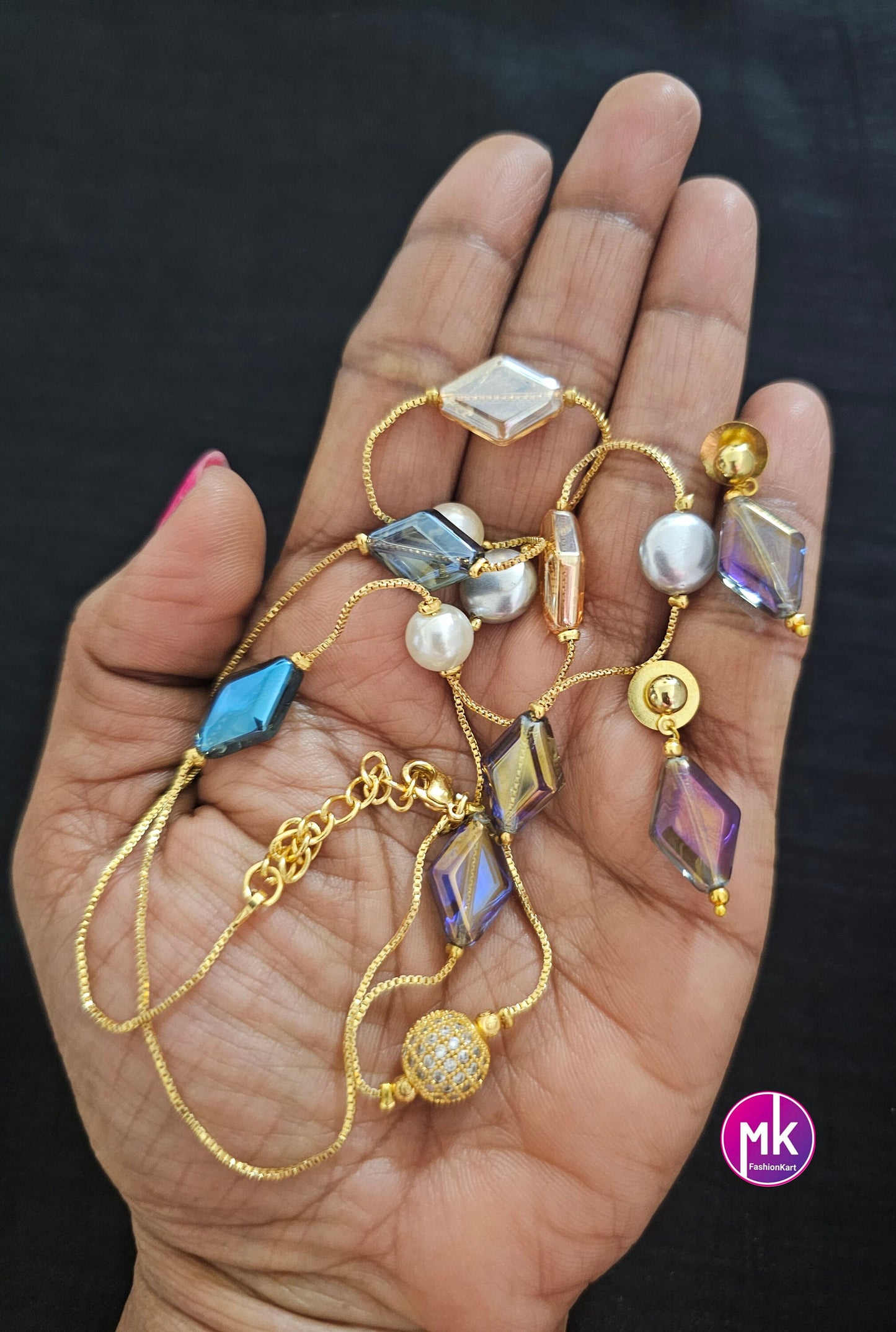 Western Style Multi-color Crystal and pearl long chain with cute Earrings - Adult cum Teen chain - Fashion Jewelry - MK Fashionkart