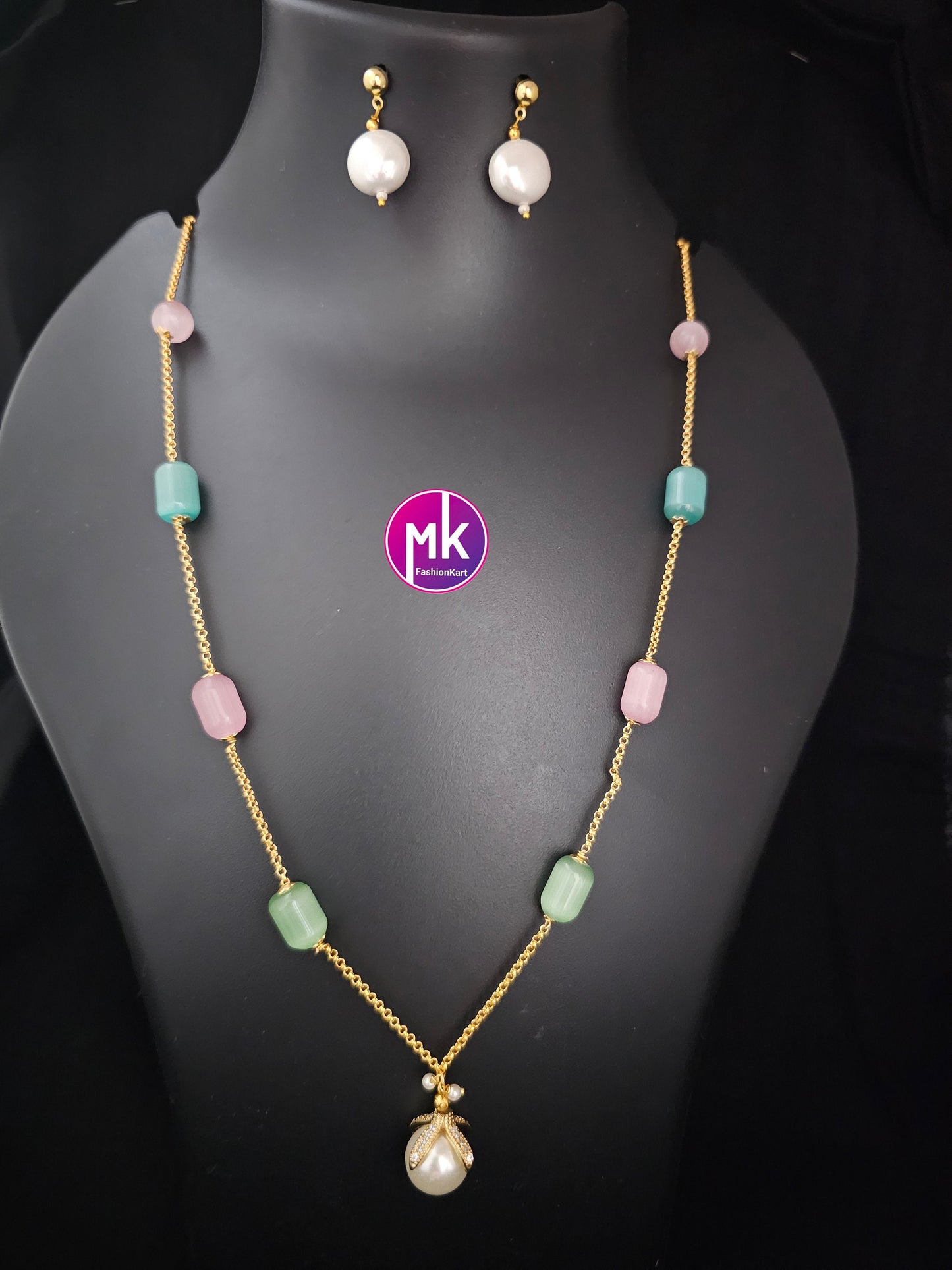 Western Style Monalisa bead and pearl long chain with cute pearl Earrings - Adult cum Teen Chain - Fashion Jewelry - MK Fashionkart