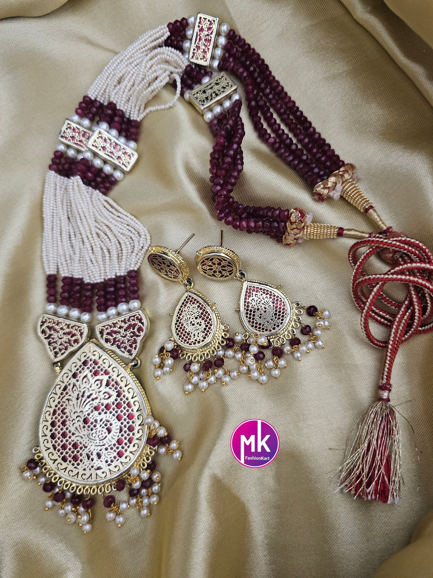 Thewa Art Rajasthani Traditional Pendent with piroyi pearl multi-strand Chain with Thewa Art Rajasthani Earrings - MK Fashionkart