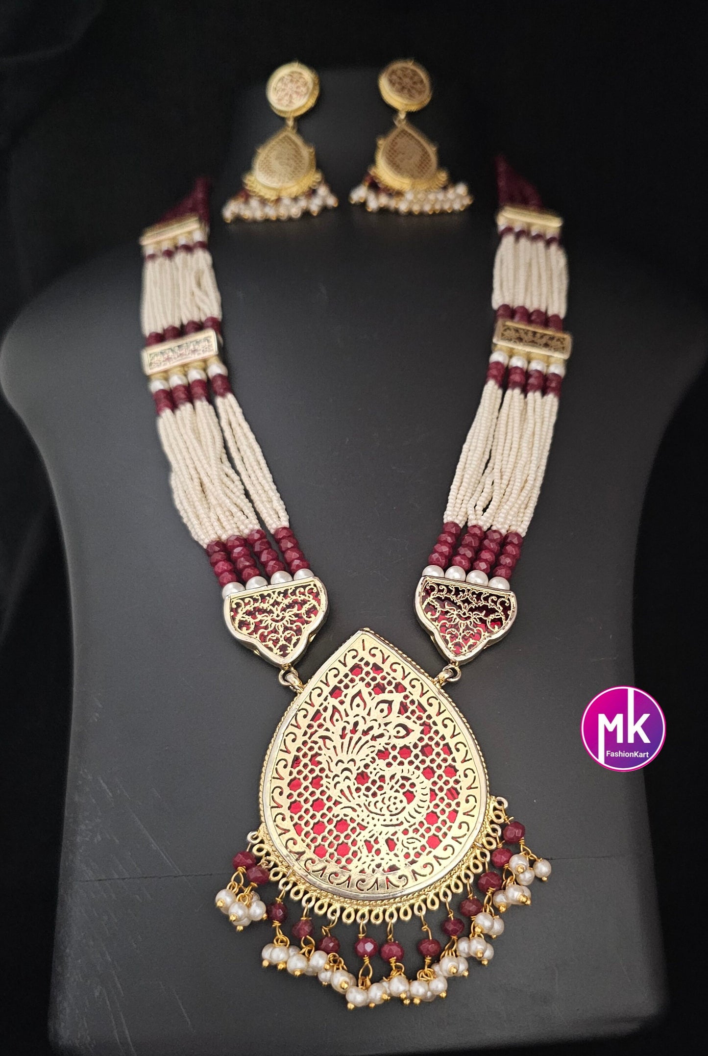 Thewa Art Rajasthani Traditional Pendent with piroyi pearl multi-strand Chain with Thewa Art Rajasthani Earrings - MK Fashionkart