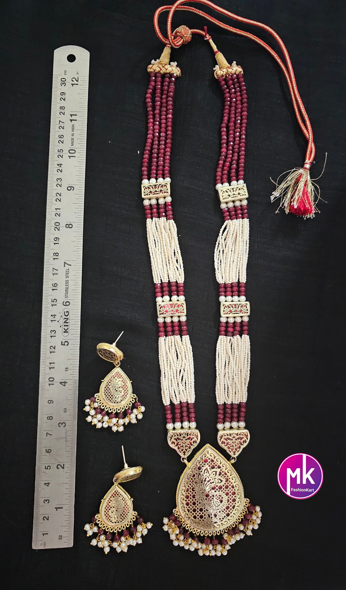 Thewa Art Rajasthani Traditional Pendent with piroyi pearl multi-strand Chain with Thewa Art Rajasthani Earrings - MK Fashionkart