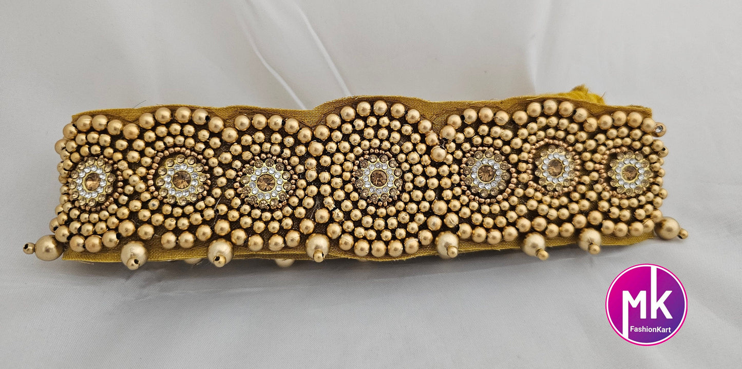 Golden Aari work and Stone work Hip Belt with hanging golden pearls with Elastic adjustable hooks - Saree Belt - waist belt Saree Lehenga