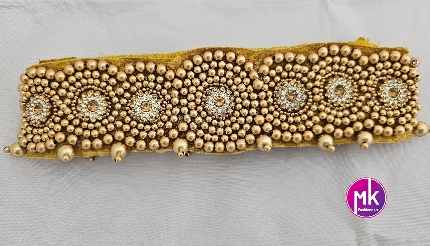 Golden Aari work and Stone work Hip Belt with hanging golden pearls with Elastic adjustable hooks - Saree Belt - waist belt Saree Lehenga