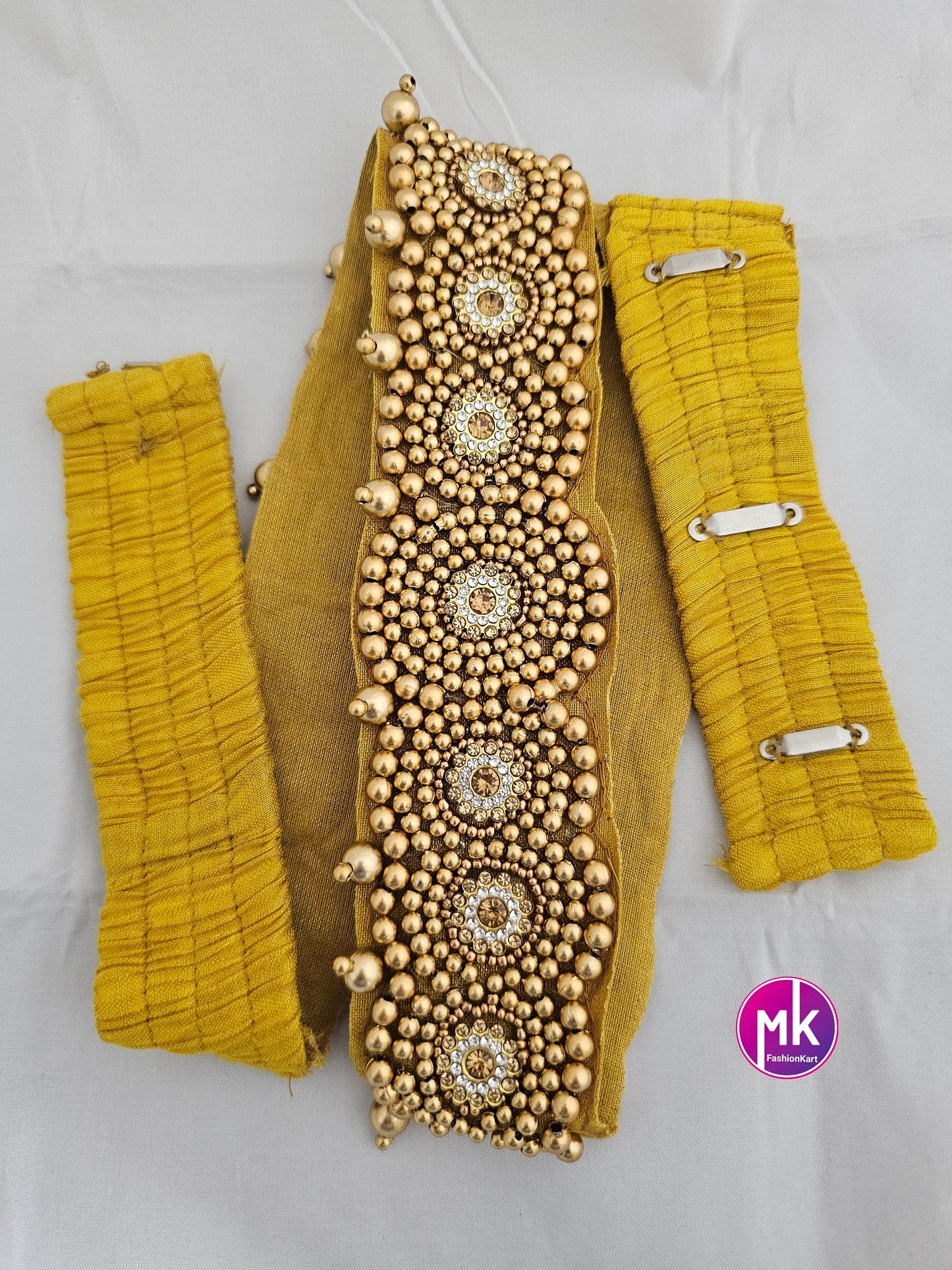 Golden Aari work and Stone work Hip Belt with hanging golden pearls with Elastic adjustable hooks - Saree Belt - waist belt Saree Lehenga