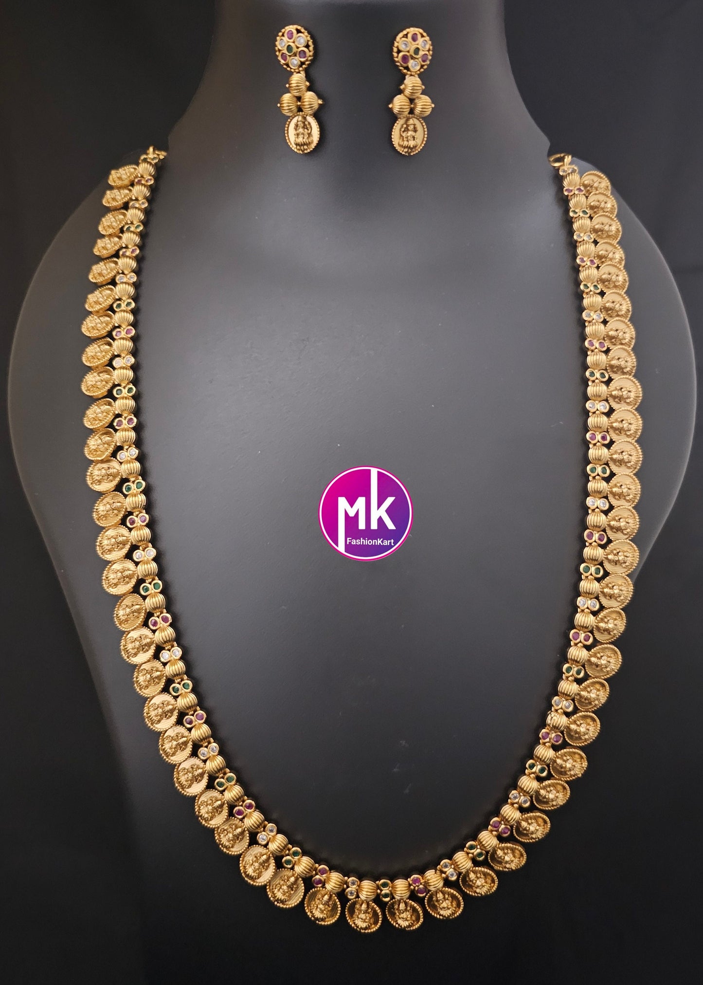 Premium quality Lakshmi Kasu Matte finish Haram Replica Haram AD stone Haram with cute Earrings  - Indian Fashion Jewelry - MK Fashionkart