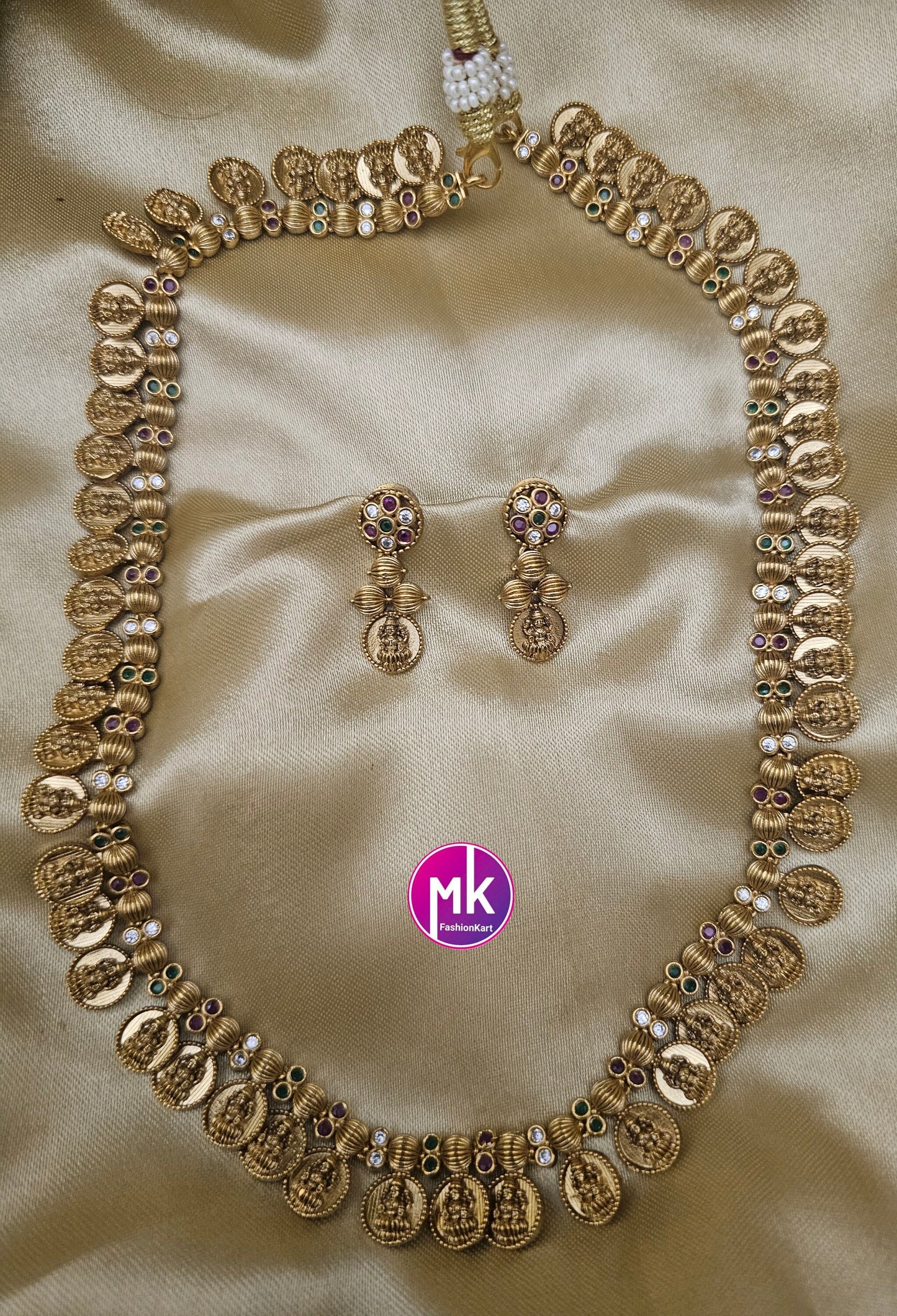 Premium quality Lakshmi Kasu Matte finish Haram Replica Haram AD stone Haram with cute Earrings  - Indian Fashion Jewelry - MK Fashionkart