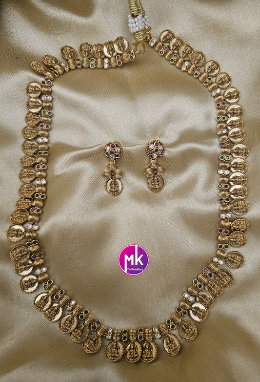 Premium quality Lakshmi Kasu Matte finish Haram Replica Haram AD stone Haram with cute Earrings  - Indian Fashion Jewelry - MK Fashionkart