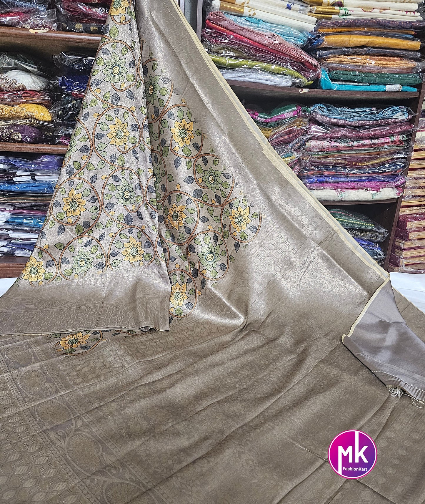 Softy silk zari weaving floral digital print comes with rich zari weaving pallu ��- Running Blouse cloth with sleeves border - MK Fashionkart