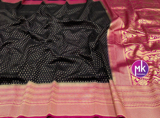 Pure Khaddi Crystal georgette with the richness of zari border - Black with Rani pink Saree and Running blouse (unstitched) - MK Fashionkart