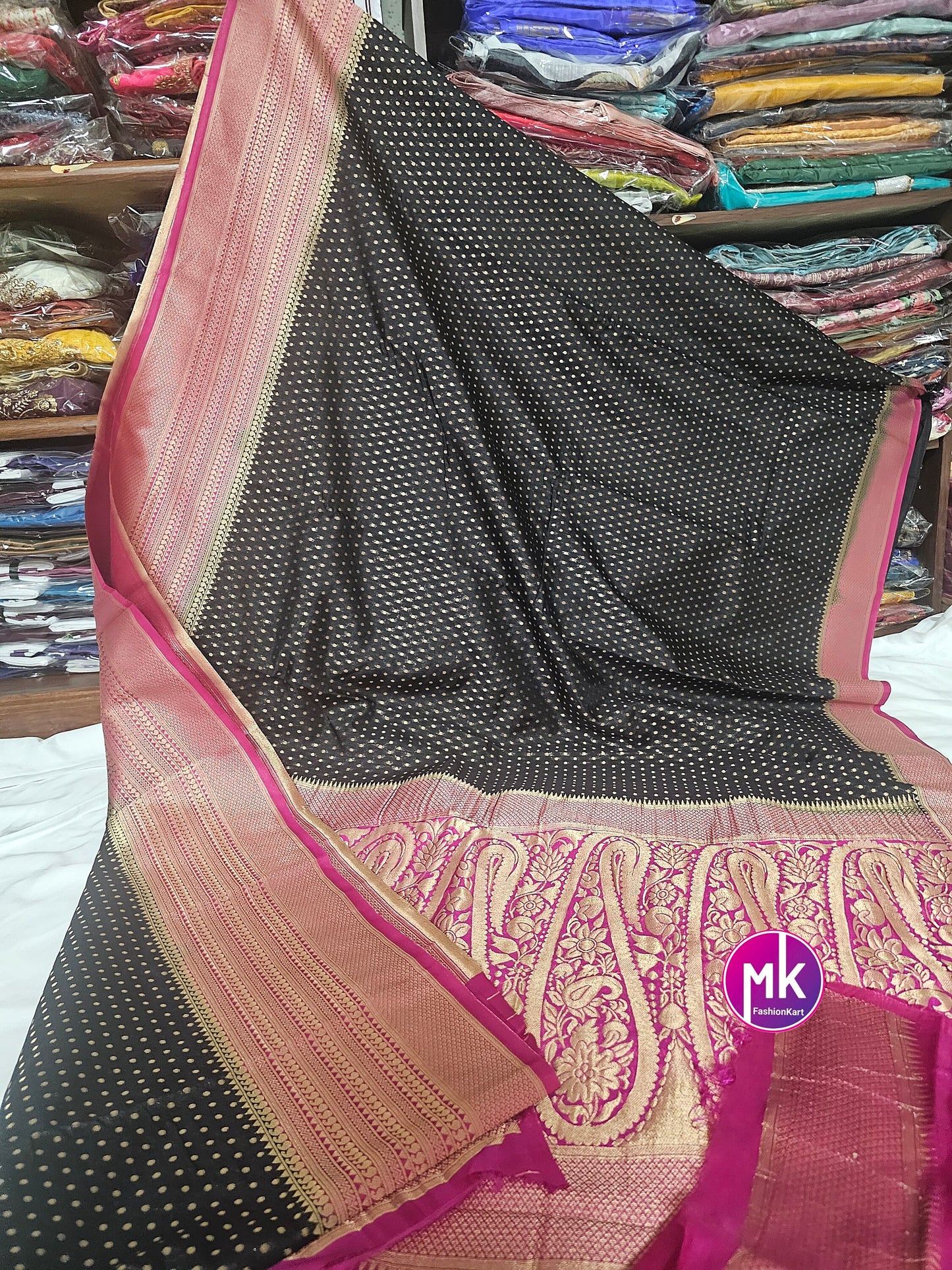 Pure Khaddi Crystal georgette with the richness of zari border - Black with Rani pink Saree and Running blouse (unstitched) - MK Fashionkart