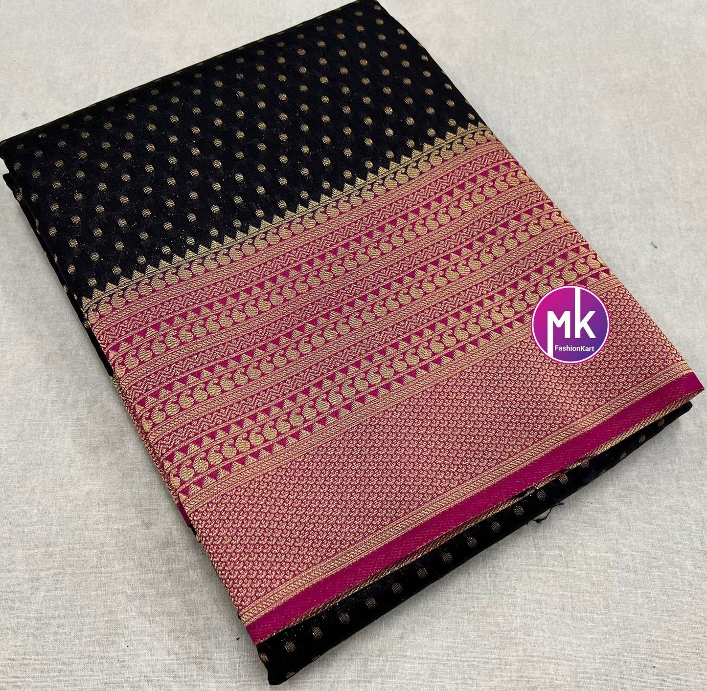 Pure Khaddi Crystal georgette with the richness of zari border - Black with Rani pink Saree and Running blouse (unstitched) - MK Fashionkart