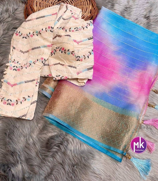Pure Viscose Organza Lurex Zari Weaving Border With Multicolor Dyeing With Fancy Tassels in Pallu and Cotton long sleeve embroidered blouse