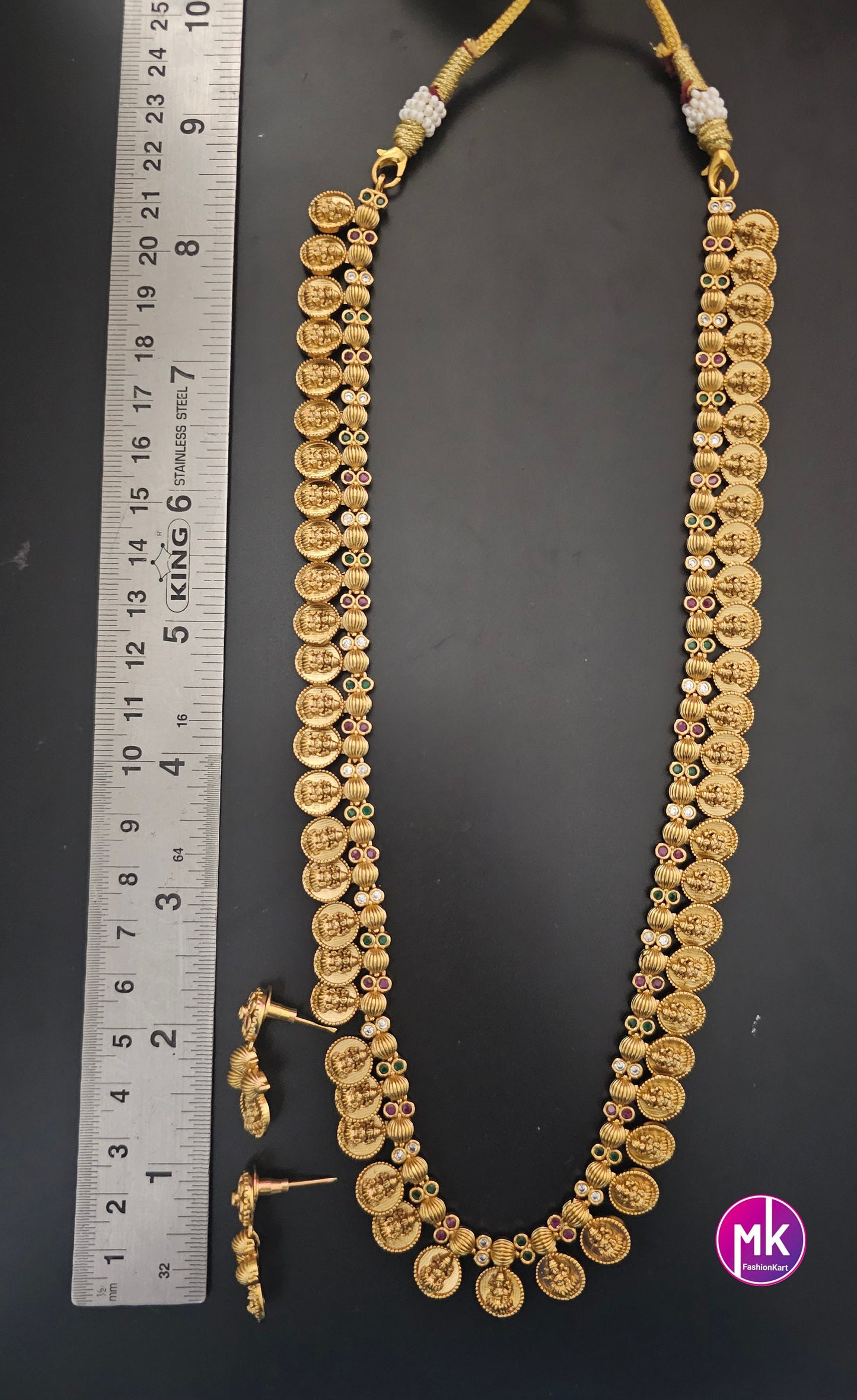 Premium quality Lakshmi Kasu Matte finish Haram Replica Haram AD stone Haram with cute Earrings  - Indian Fashion Jewelry - MK Fashionkart
