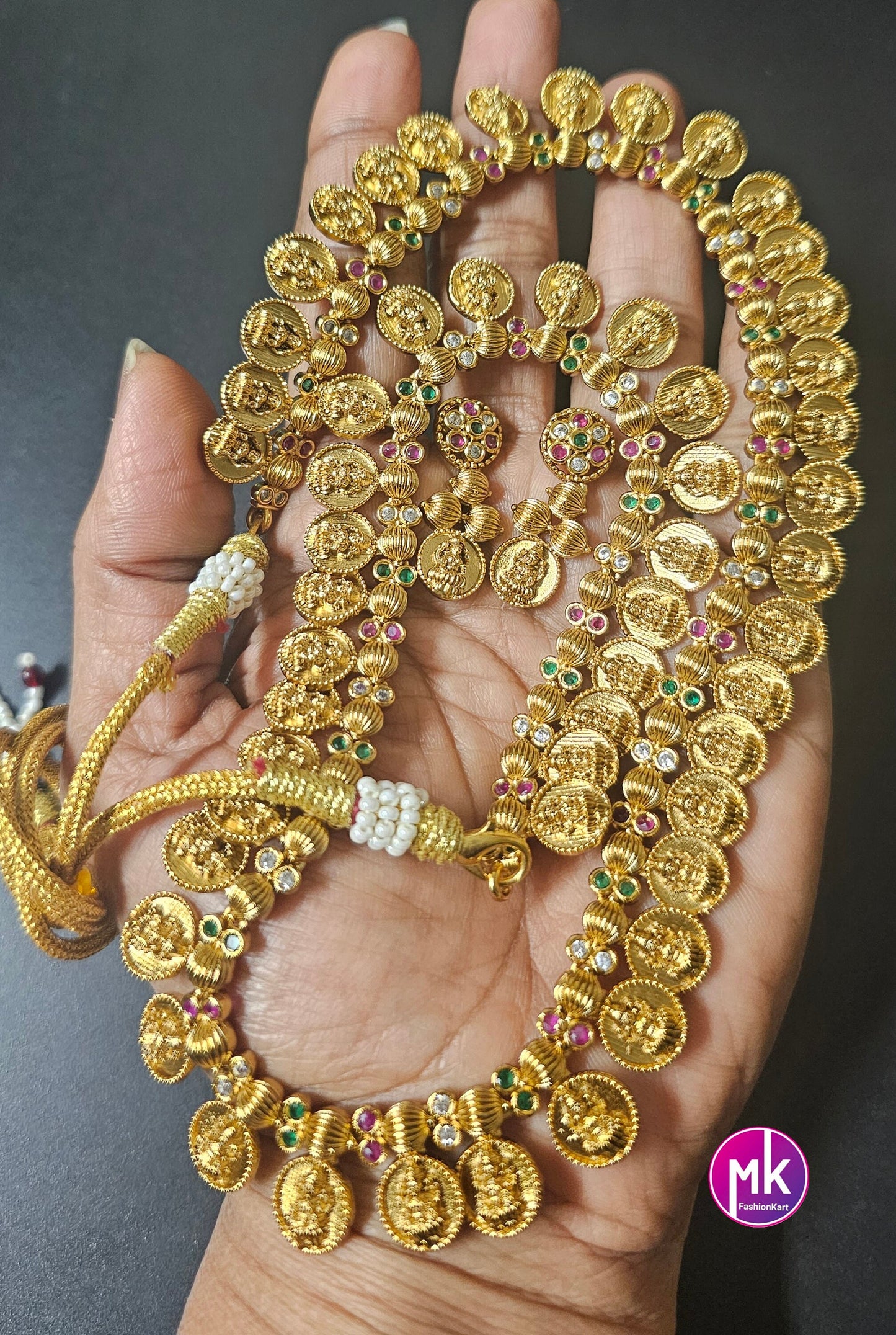 Premium quality Lakshmi Kasu Matte finish Haram Replica Haram AD stone Haram with cute Earrings  - Indian Fashion Jewelry - MK Fashionkart